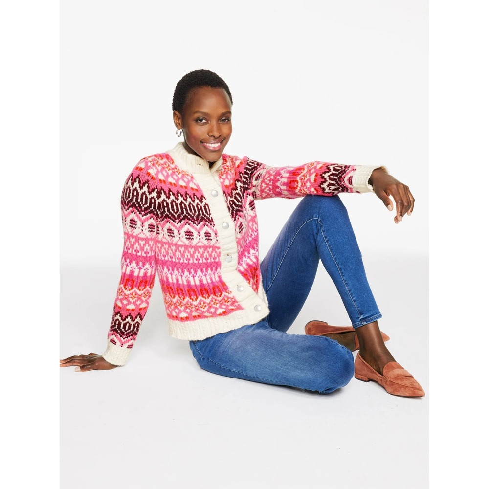 Talbots Pink Fair Isle Knit Cardigan Sweater Chunky Button Front Women Size L